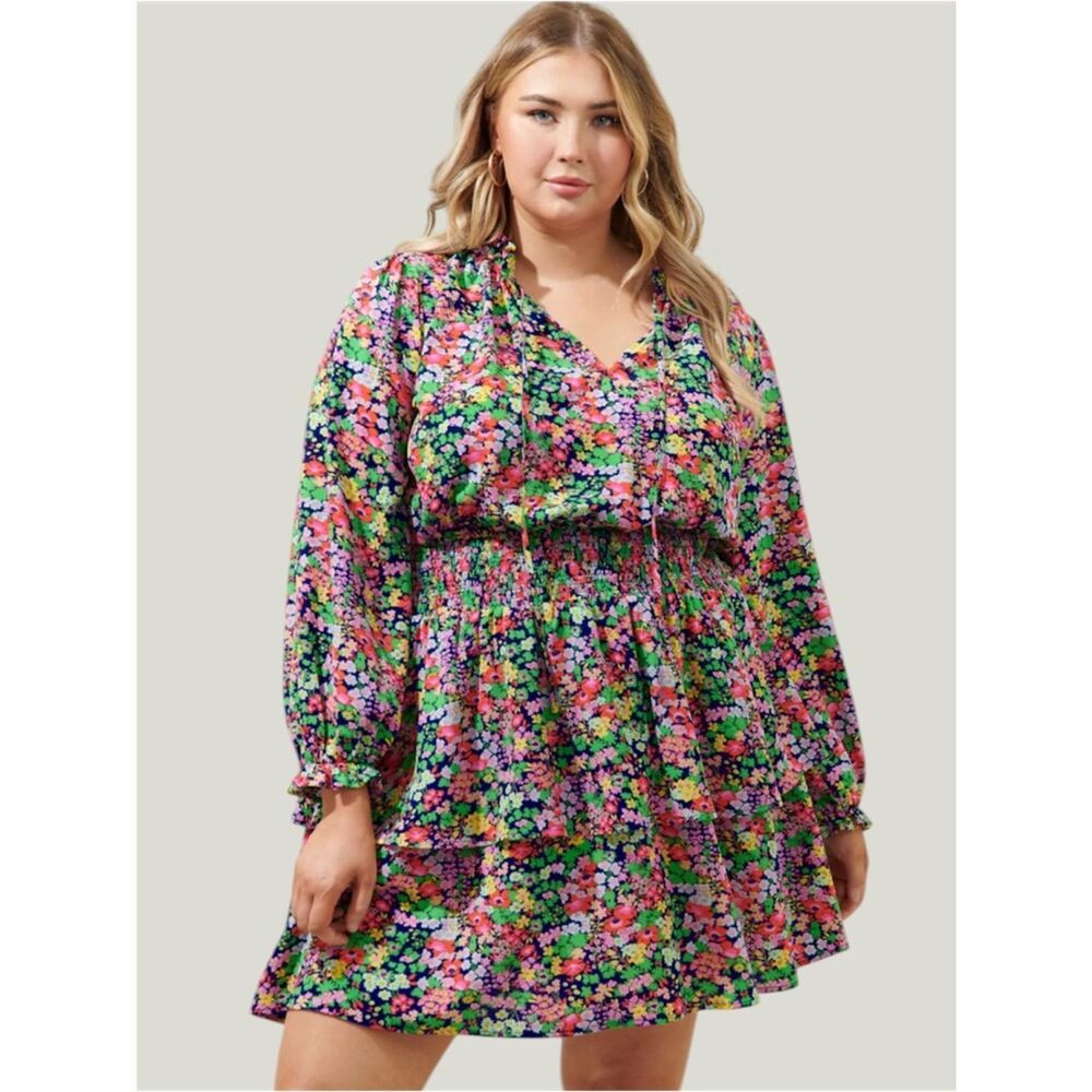 Sugarlips Plus Size Mountain Spring Starla Smocked Tiered Mini Dress, Size 3X